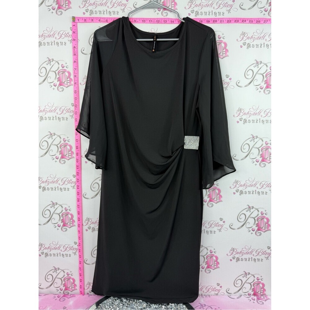LORI M dress crystal Black Midi Draped Dress with Rhinestone Buckle